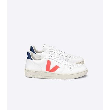 Veja V-10 LEATHER Women's Sneakers White/Orange/Blue | NZ 646JPQ